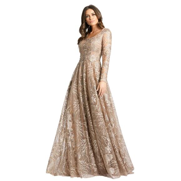 Mac Duggal 20285 Vintage Gold Jewel Encrusted Long Sleeve Square Neck Gown Sz 4 - Picture 1 of 10